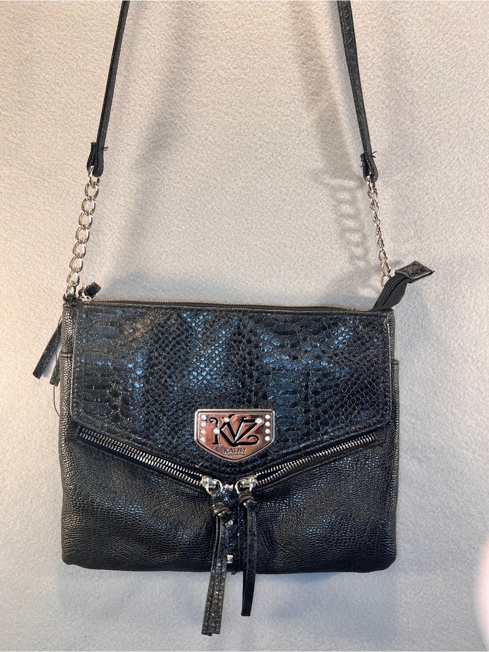 Kathy Van Zeeland Black Faux Snakeskin Y2K Crossbody Bag
